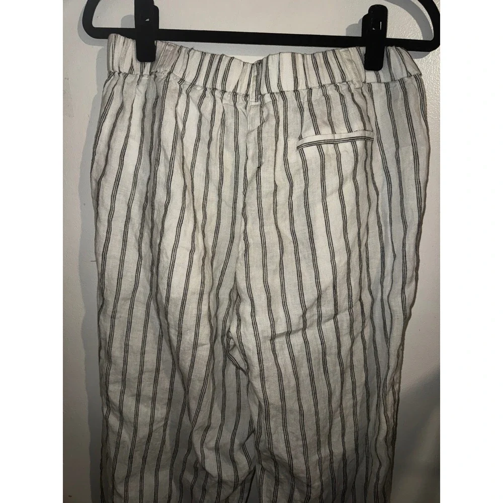 Quince Womens Sz 6 Oatmeal Black Striped 100% Linen Pleated Trouser Pants